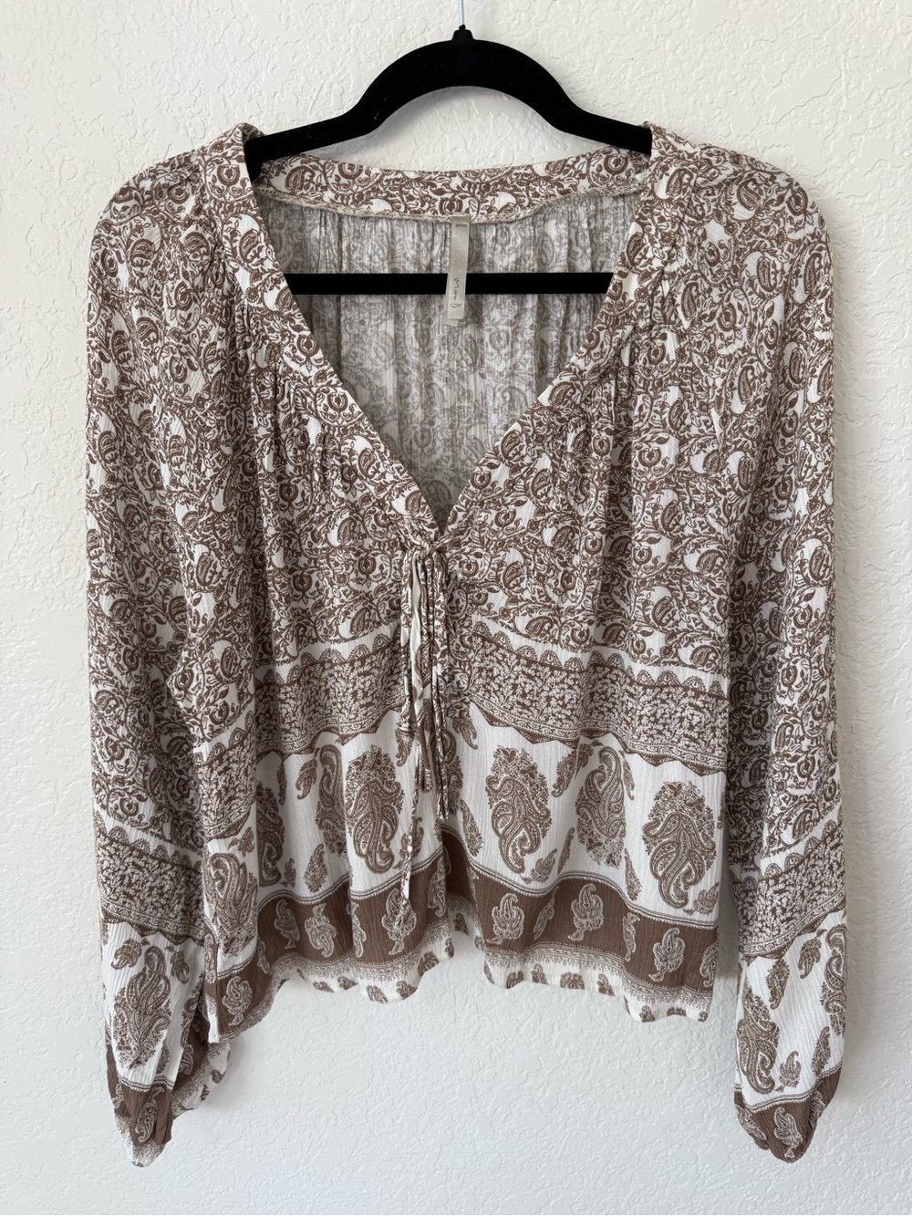 Cream & Brown Paisley Tie-Front Peasant Blouse